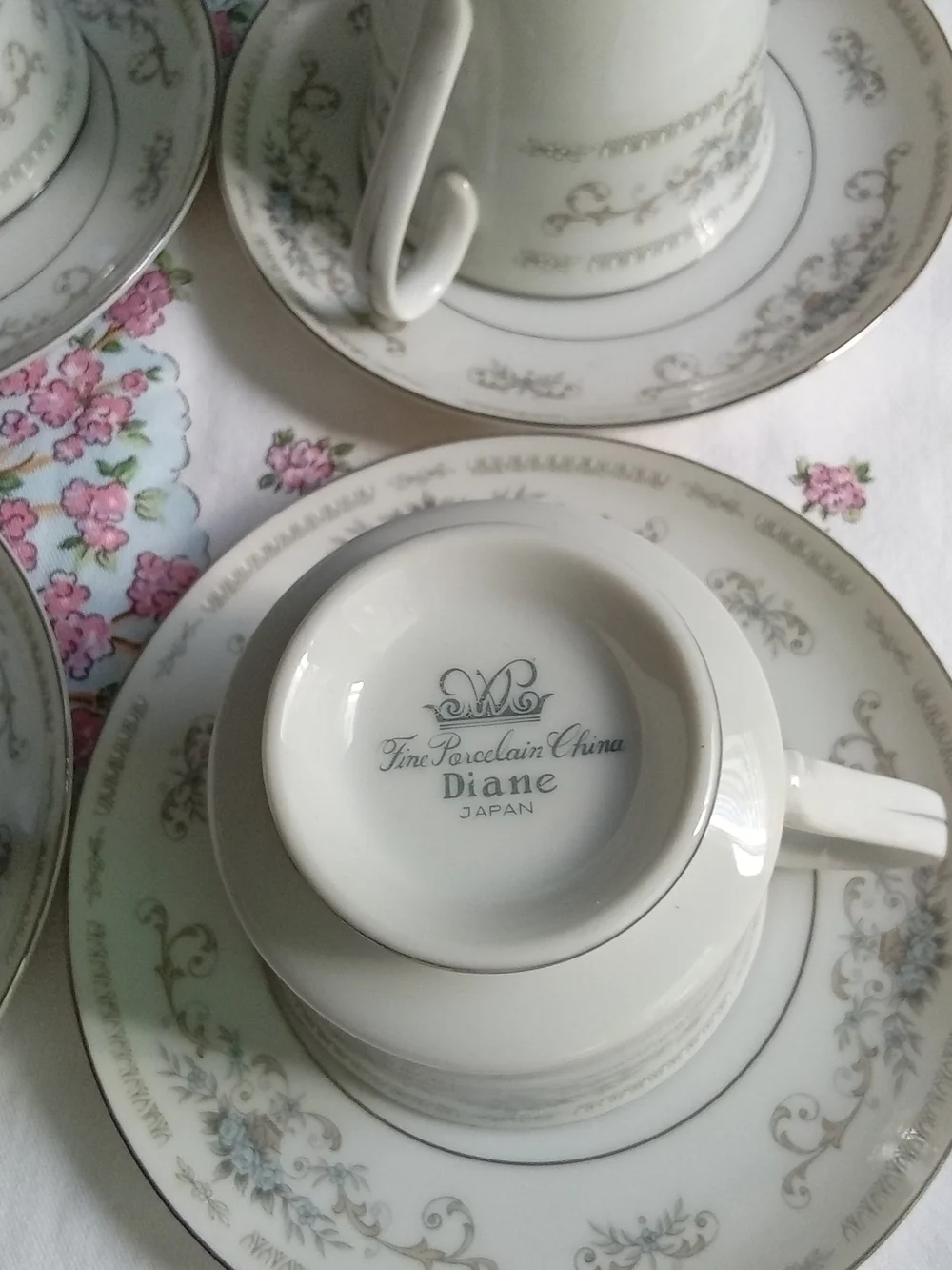 Fine Porcelain China Diane Japan Tea‎ Cup and Saucer Set of 4 Grey Floral Silver